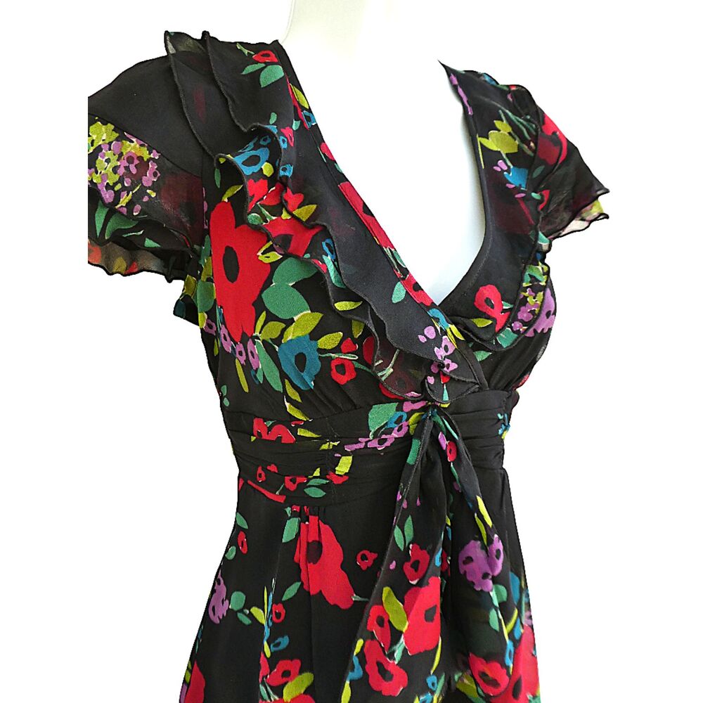 SiLK Vintage Nanette Lepore Black Floral Poppy Ruffled Surplice Neck Back Zip US